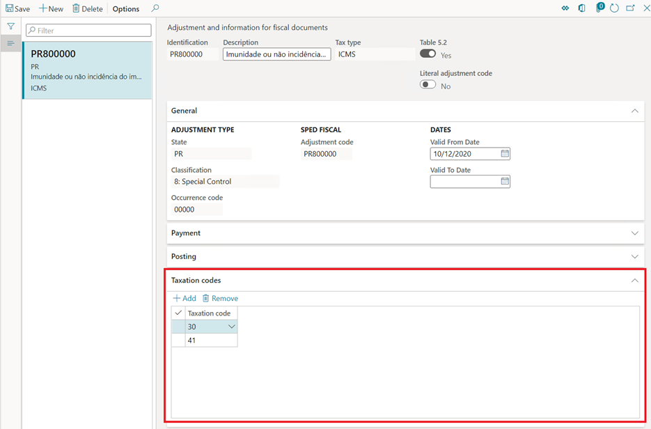 Taxation codes FastTab on the Adjustment and information for fiscal documents page.