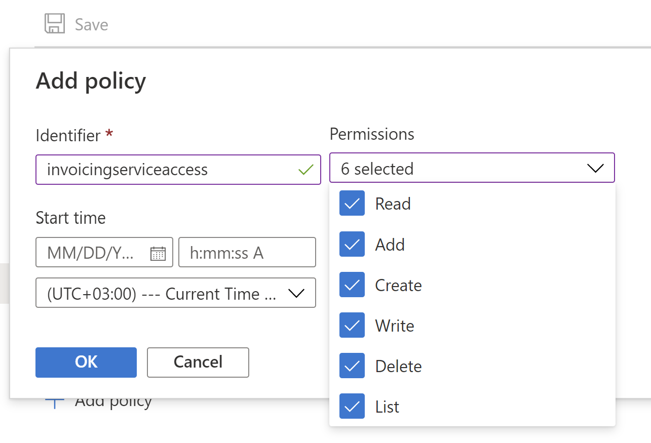 Screenshot that shows all permissions selected in the Permissions field in the Add policy dialog box.