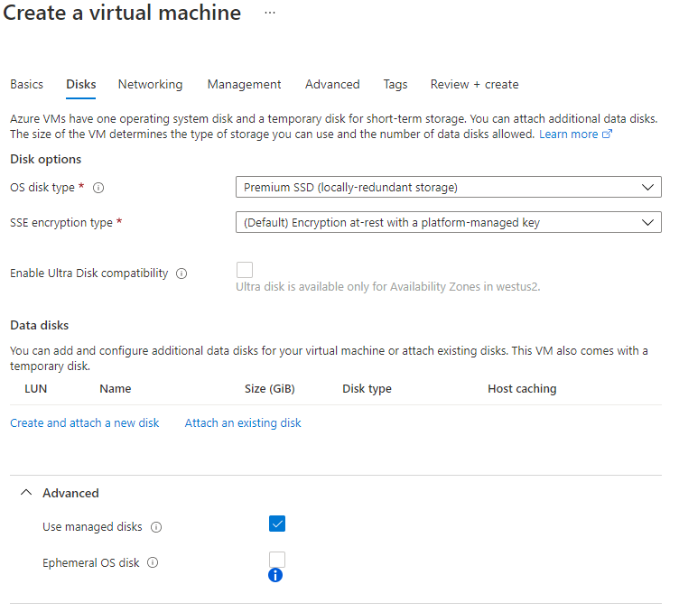 Screenshot that shows the setup on the Disks tab to create an Azure VM.