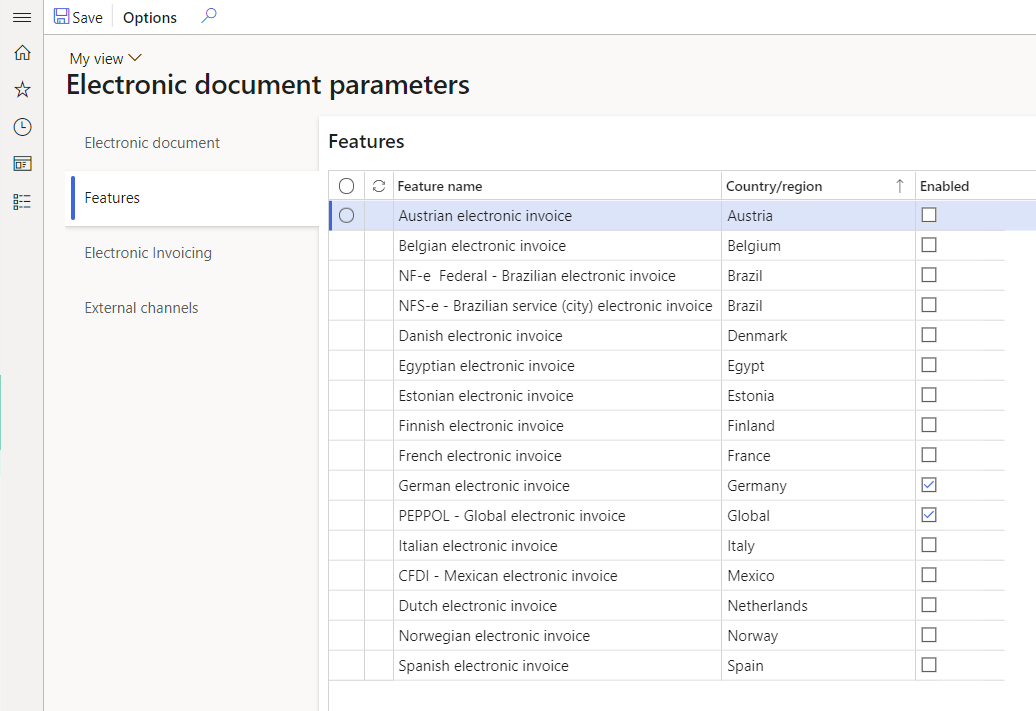 Features tab of the Electronic document parameters page.