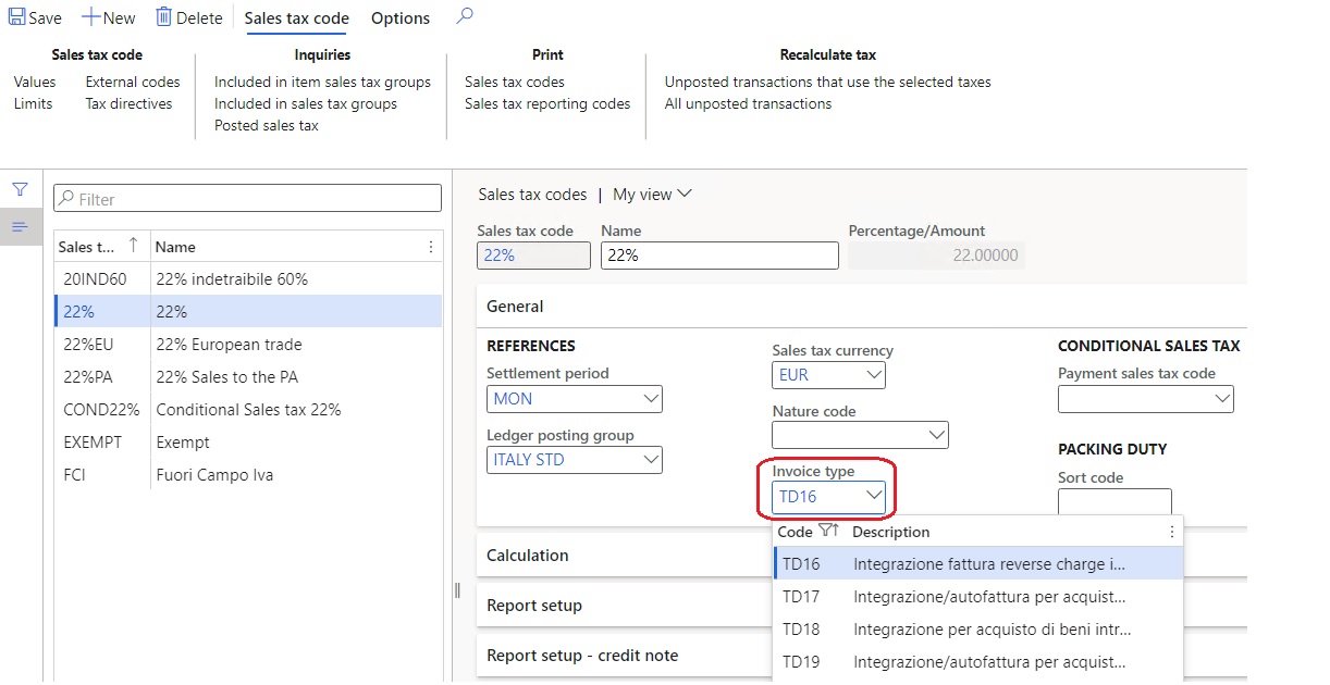 Invoice type assigned to a sales tax code on the Sales tax codes page.