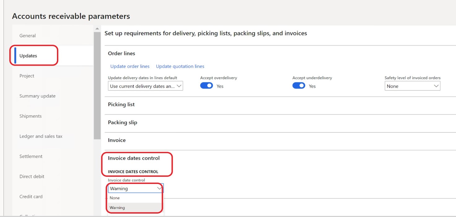 Accounts receivable parameters page.