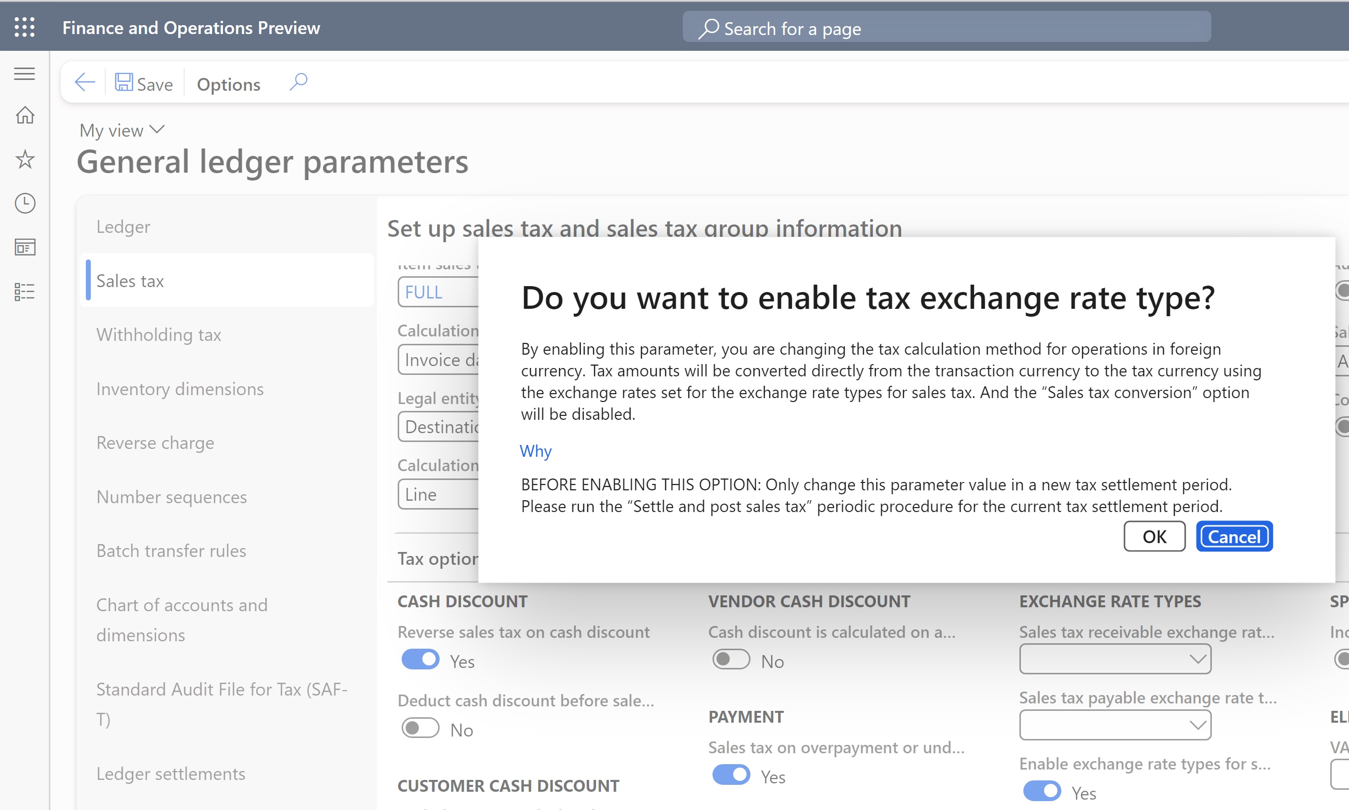 Message box that appears when you enable exchange rate types for sales tax.