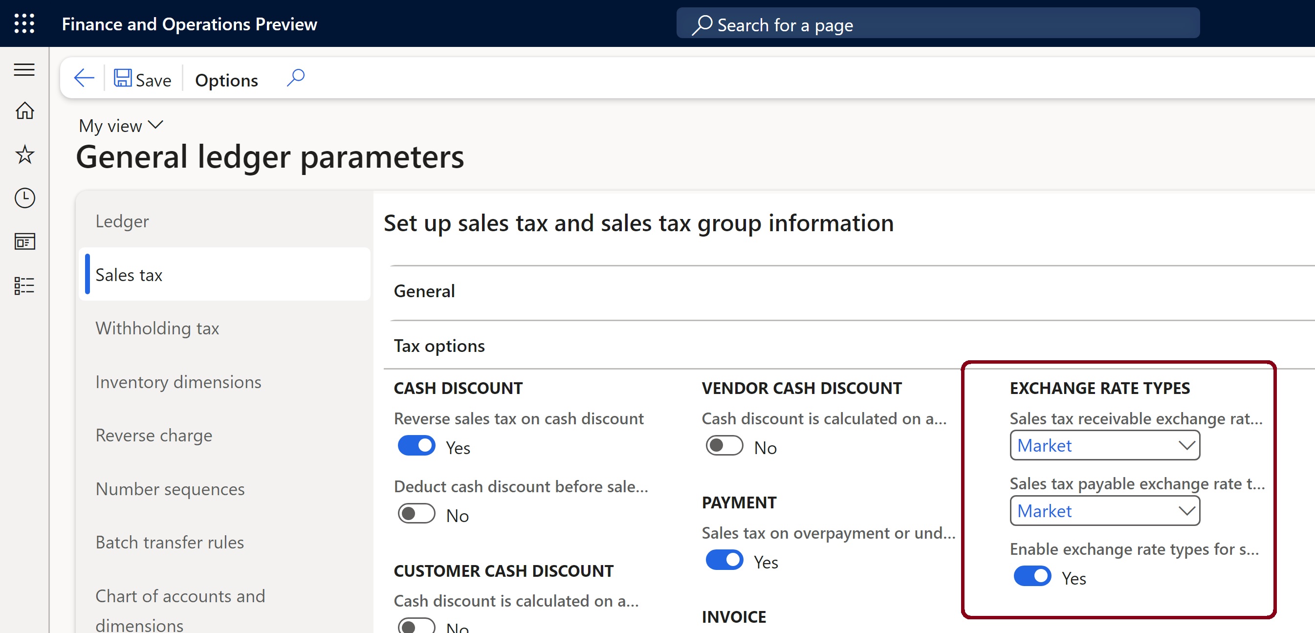 Exchange rate type fields on the General ledger parameters page.