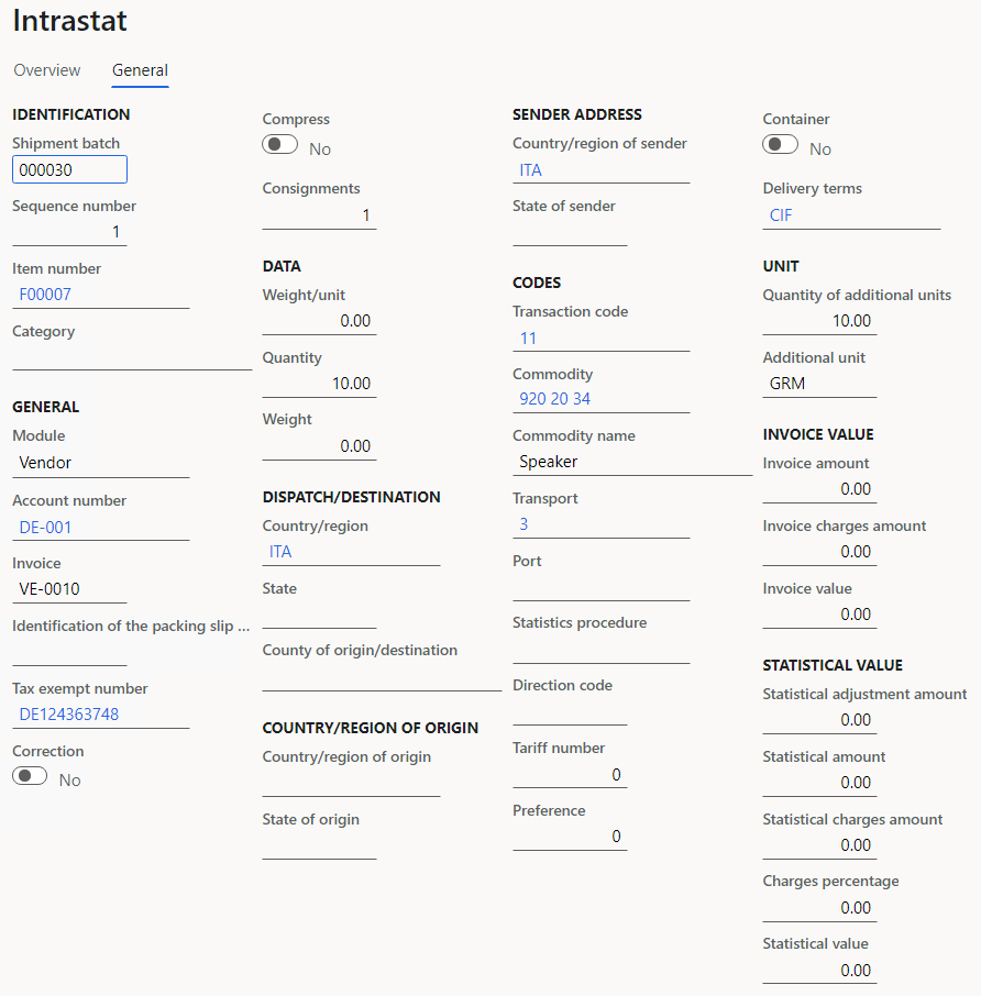 Purchase order details on the General tab of the Intrastat page