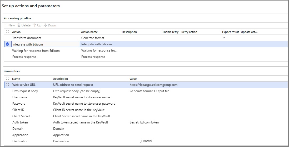 Screenshot that shows the parameters for the Integrate with Edicom action.