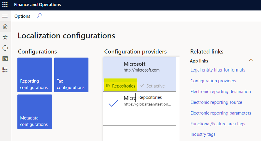 Repositories button for the Microsoft configuration provider.