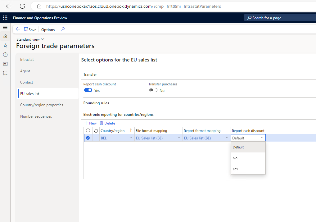 Report cash discount field on the Foreign trade parameters page.