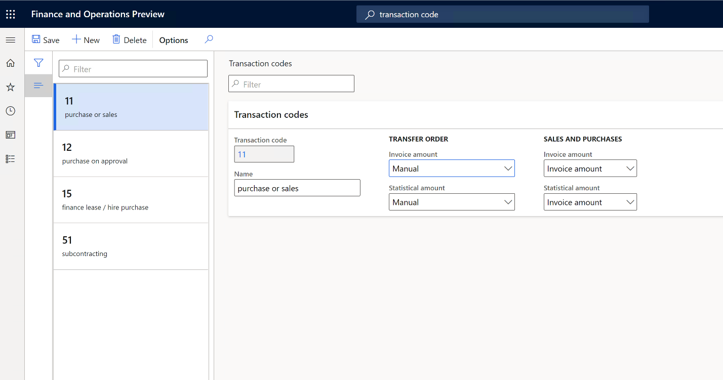 Transaction codes page.