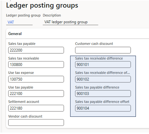 Difference and different offset account fields on the Ledger posting groups page.