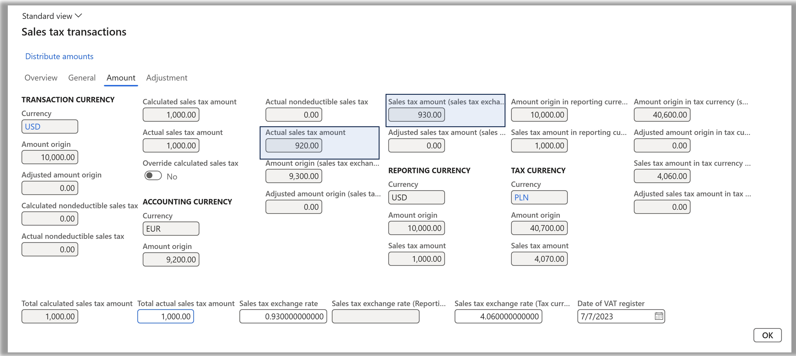 Sales tax transactions page.