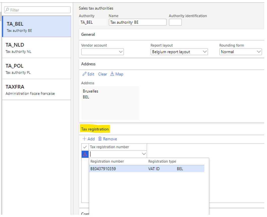 VAT registration number added on the Sales tax authorities page.