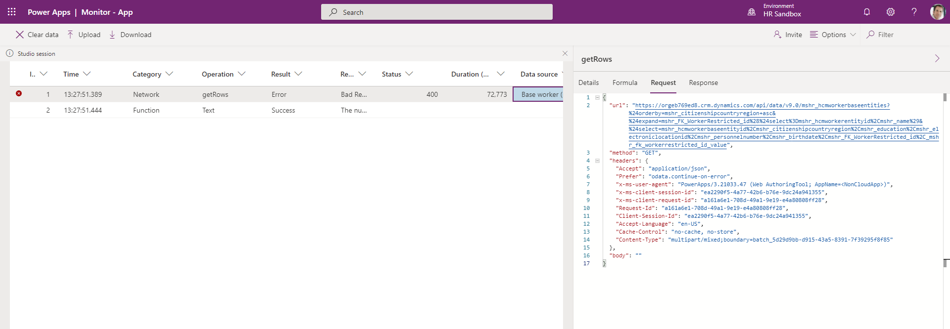 Use Power Apps Monitor to analyze the getData operation.