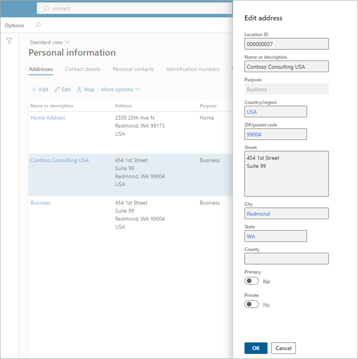 Business contact details display as read-only.