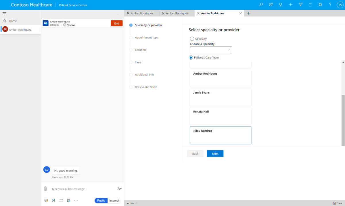 Selecting a specialty or provider in the scheduling wizard.