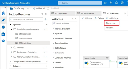 Screenshot showing the third pipeline highlighted and the trigger now option.