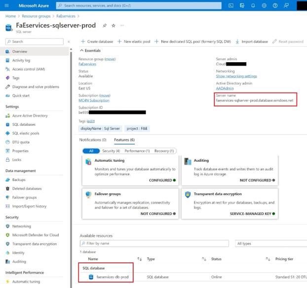 Screenshot showing the server name and SQL database name.