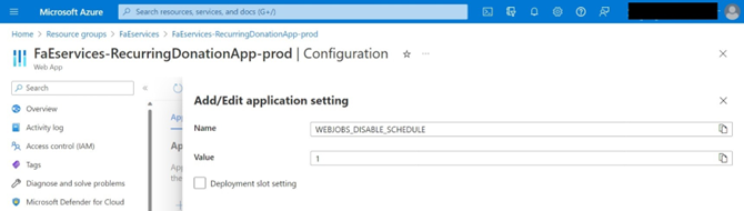 Screenshot showing the new application dialog box with the completed settings of web jobs disable schedule and a setting of 1.