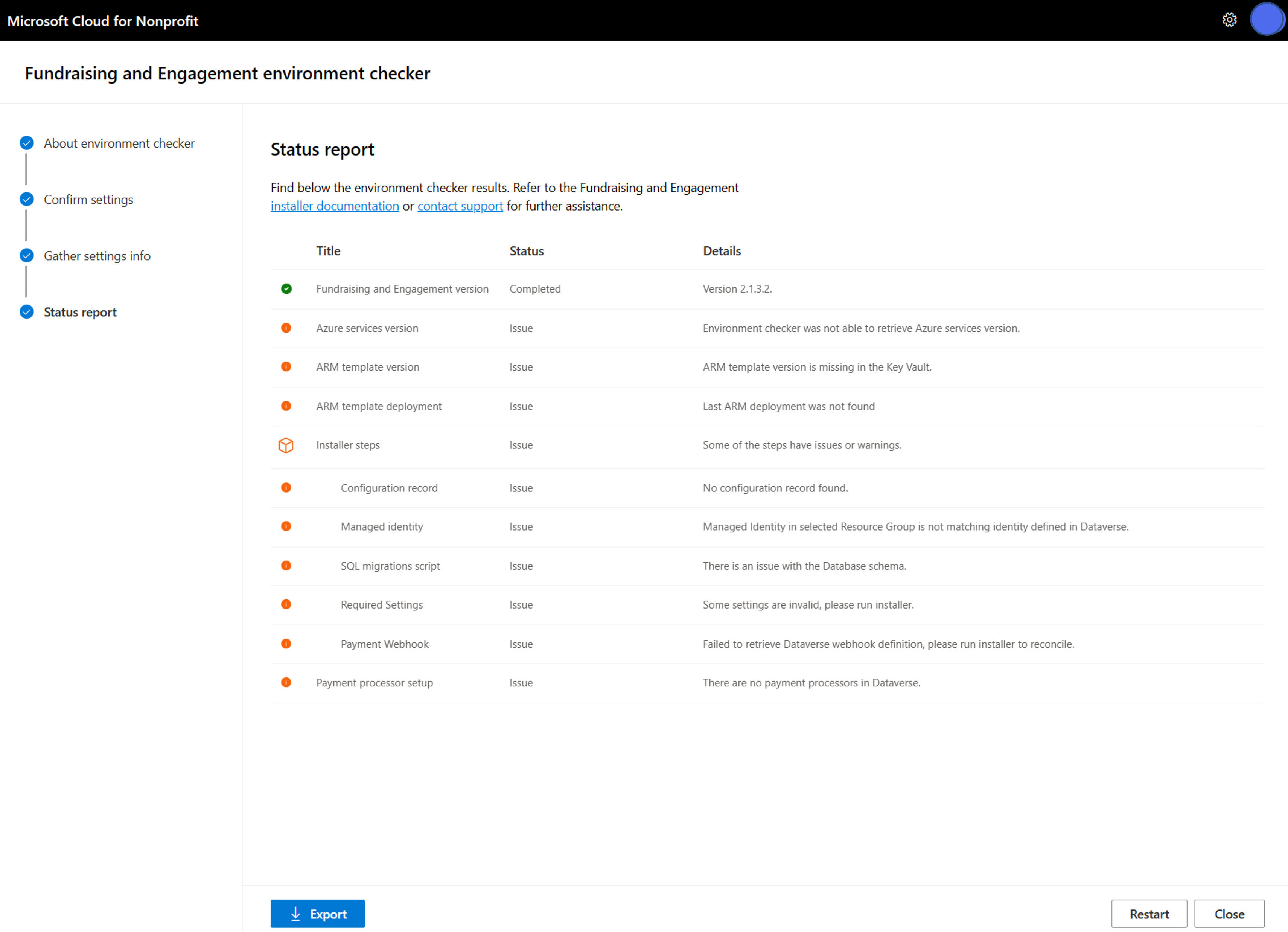 Example of Fundraising and Engagement Environment checker.