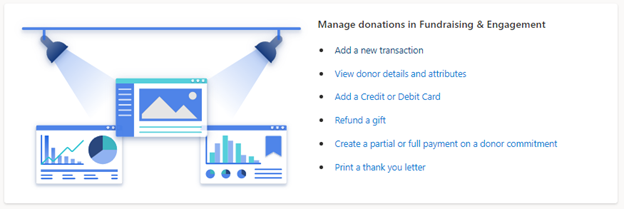 Screenshot of the Fundraising and Engagement feature tile showing a series of links to create a user scenario.