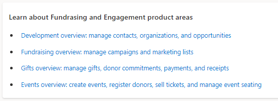 Screenshot showing links to key features to get you up and running with Fundraising and Engagement.