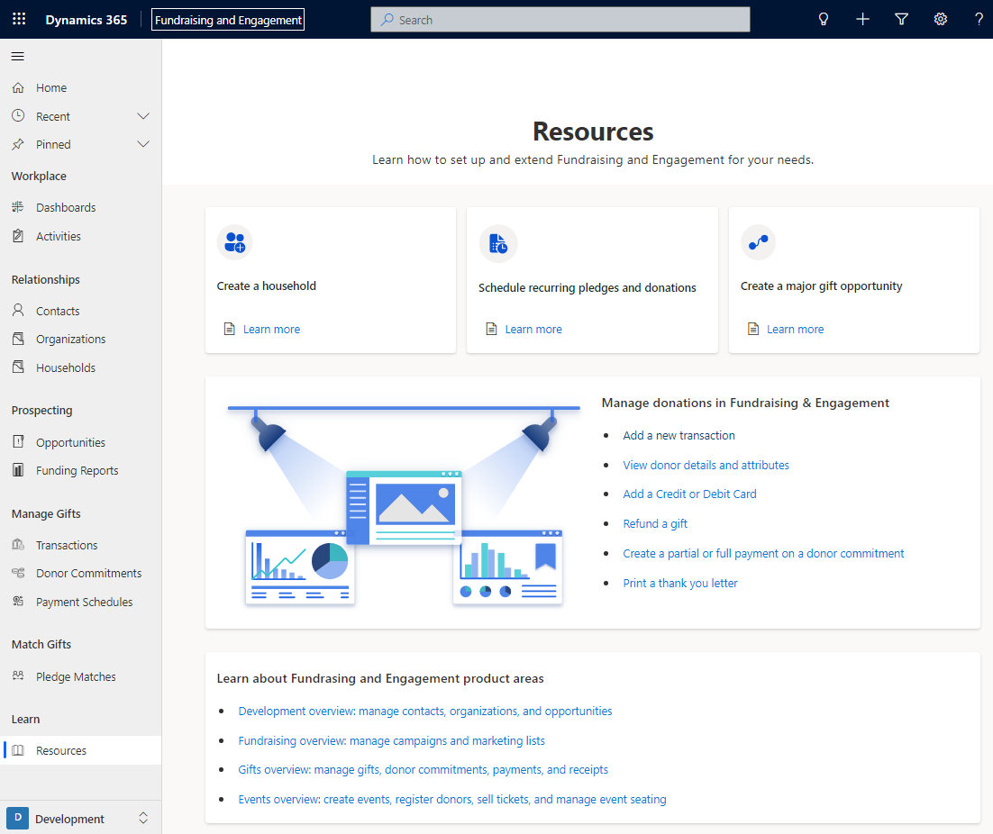  Screenshot showing change area selection options for fundraising and engagement, which include development, fundraising, gifts, events, reports and configuration.