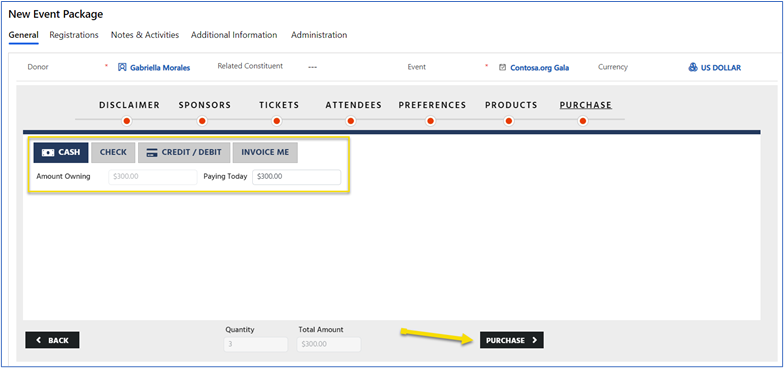 Select a payment method for the event registration package.