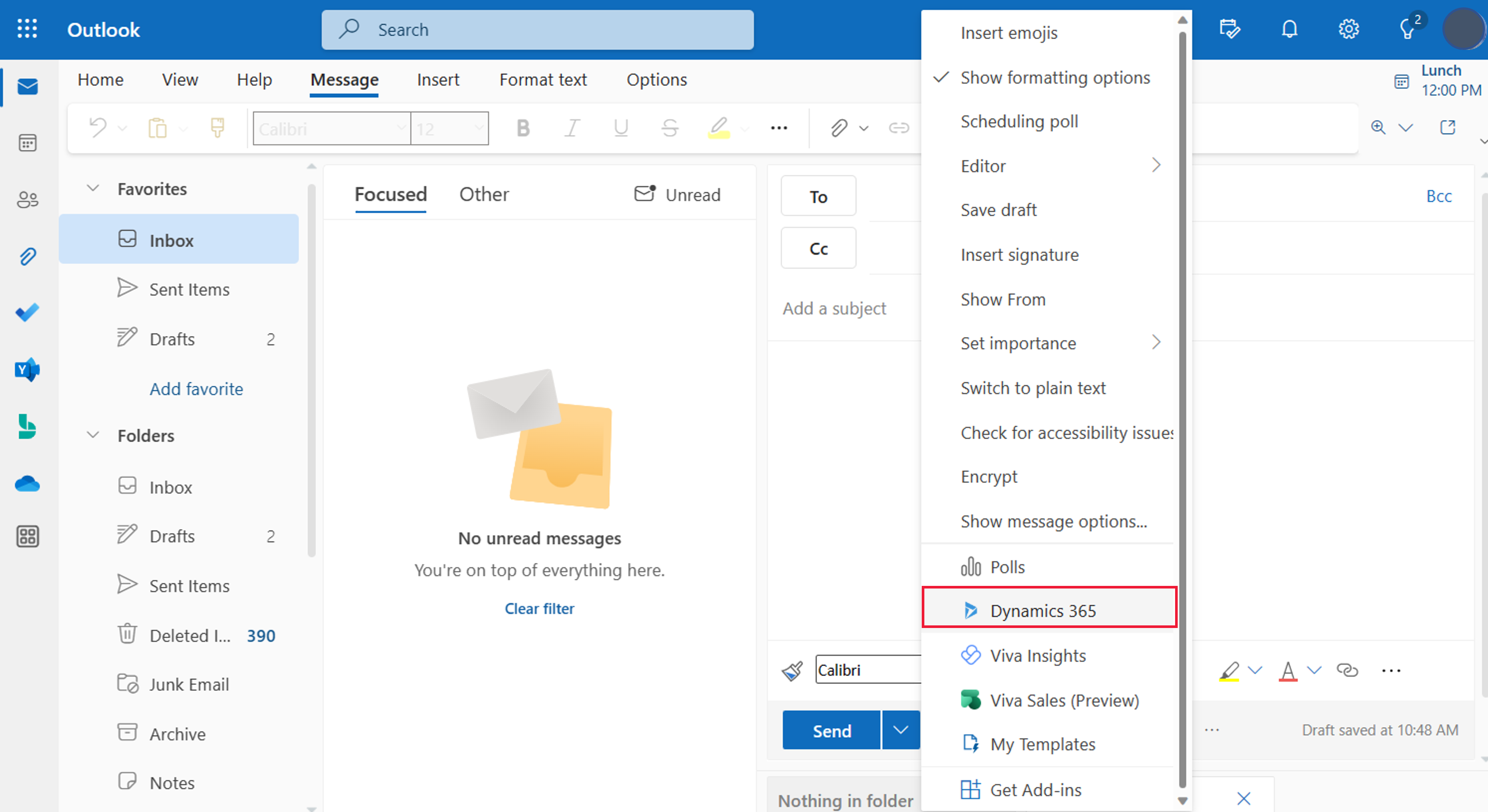 Screen shot showing the option to select the Dynamics 365 app on a drop-down menu.