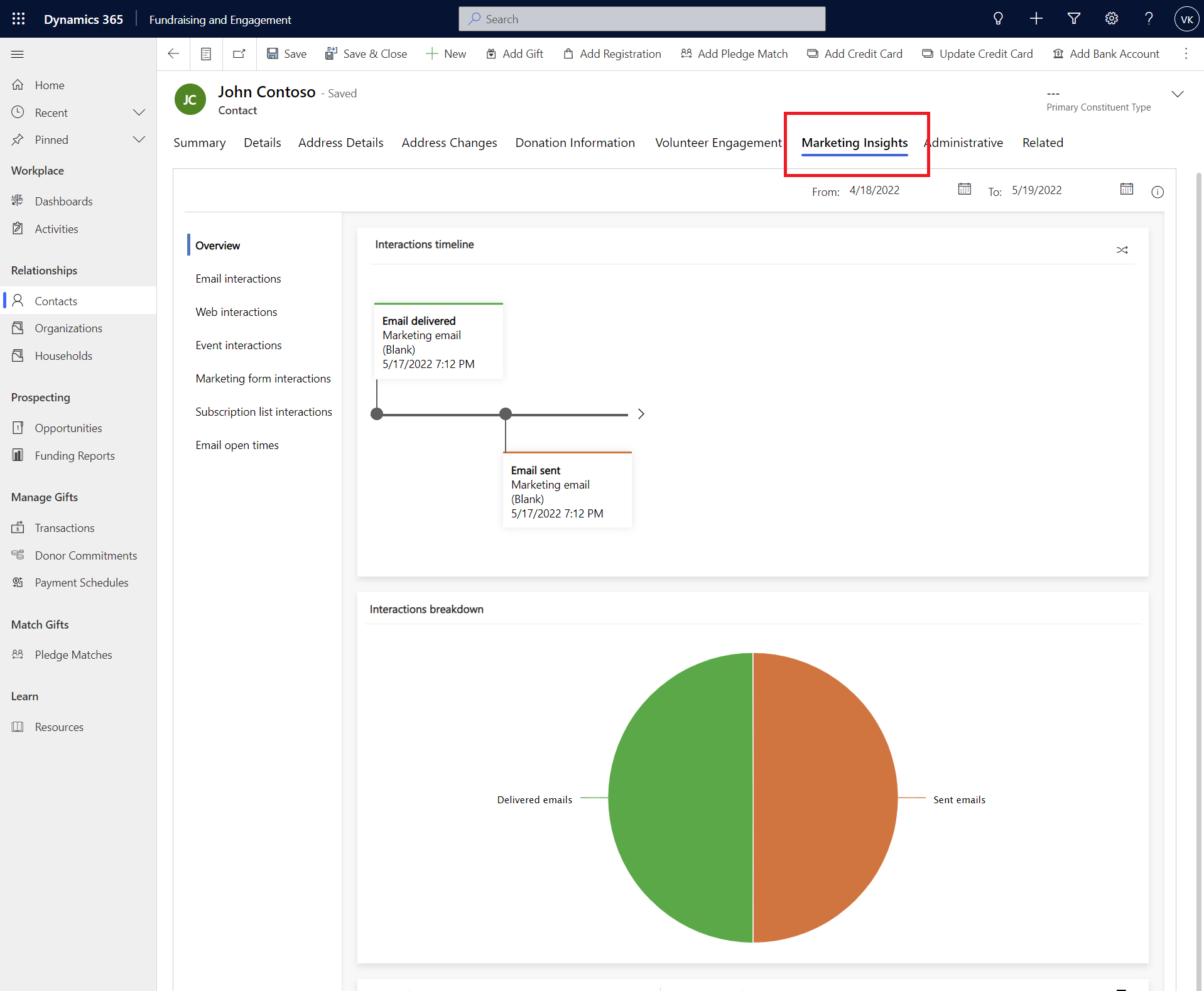 Screenshot showing the Marketing insights tab on the contact record.