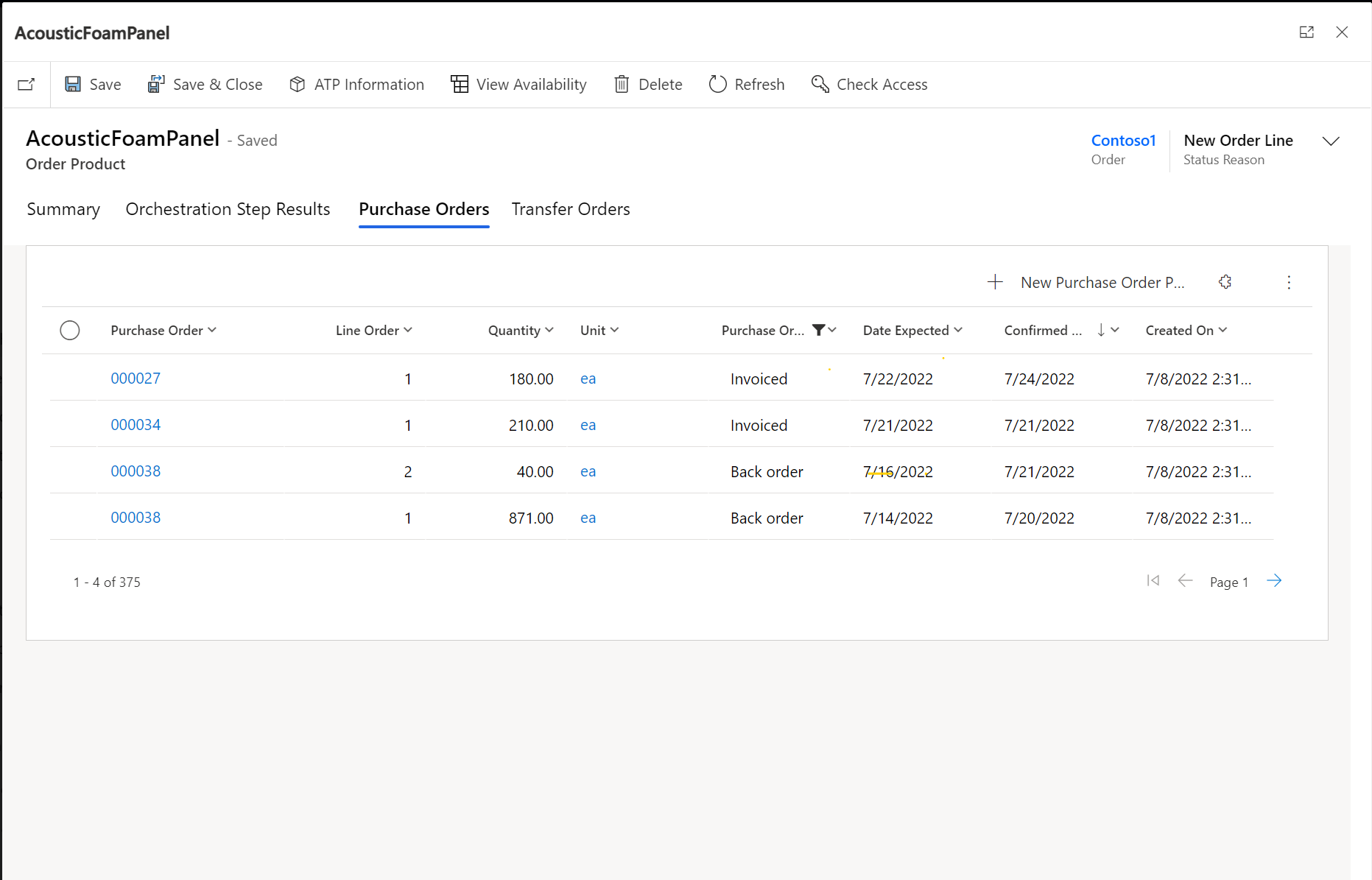 Purchase Orders tab of a sales order products page.