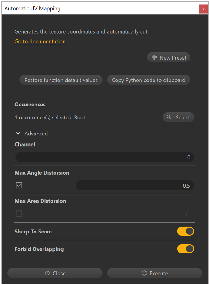 Automatic UV Mapping dialog box showing Channel field.