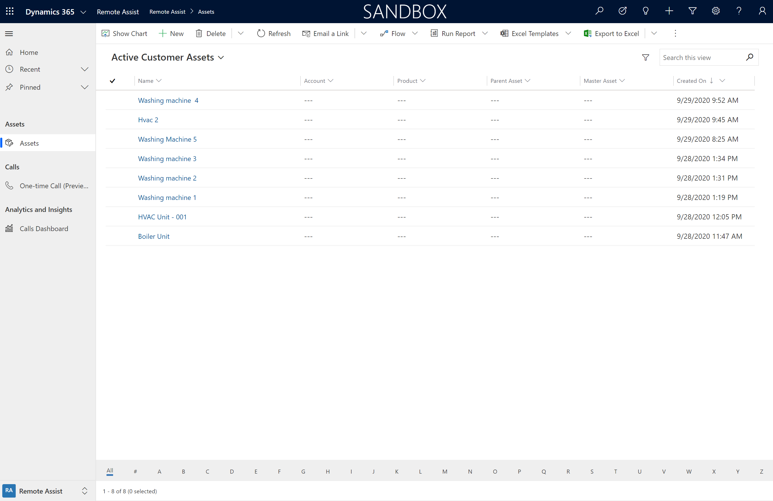 Screenshot of the asset record list in Dynamics 365 Remote Assist.