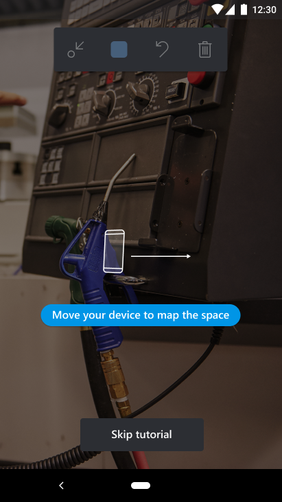 Screenshot of Dynamics 365 Remote Assist mobile on a phone, showing the prompt asking users to map their space.