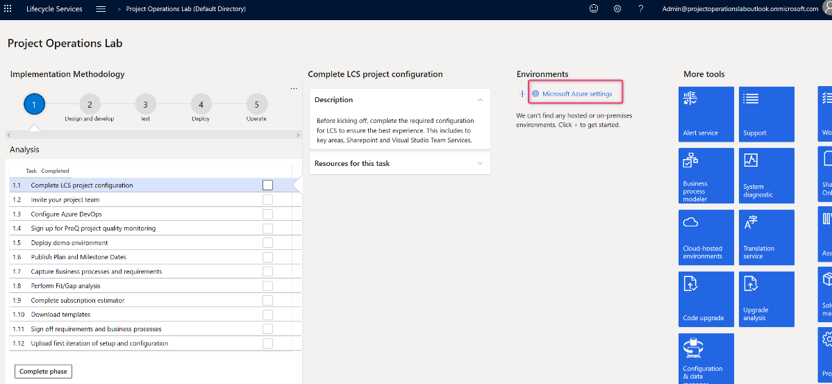 Microsoft Azure Settings.