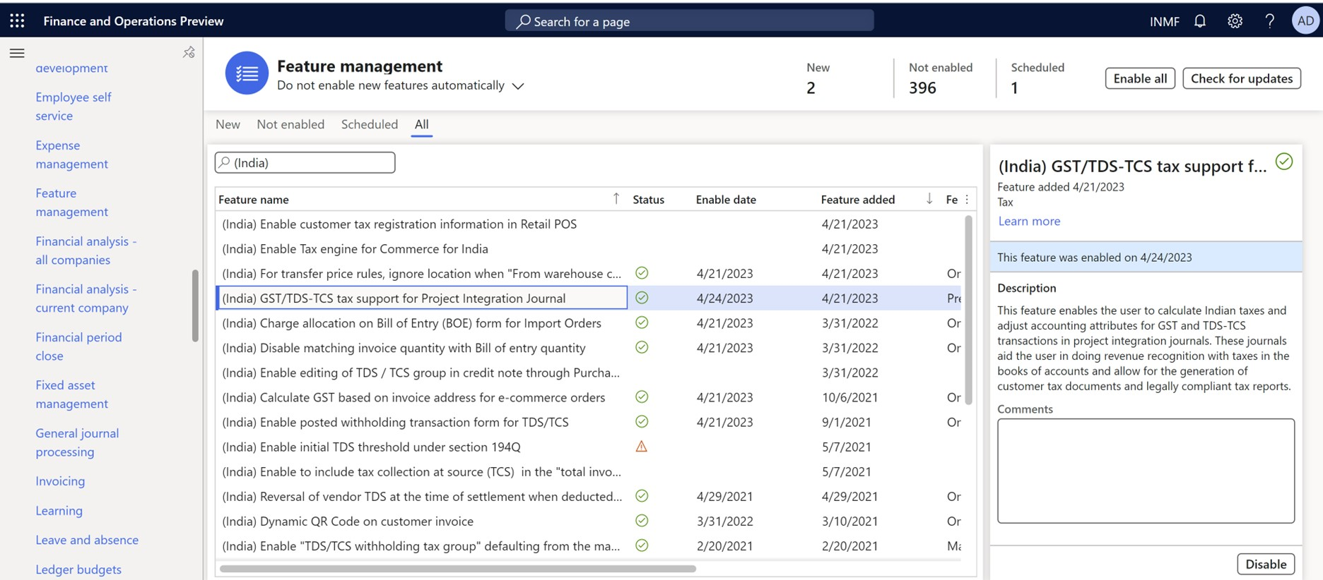 Screenshot that shows the feature in the list of available features in the Feature management workspace.