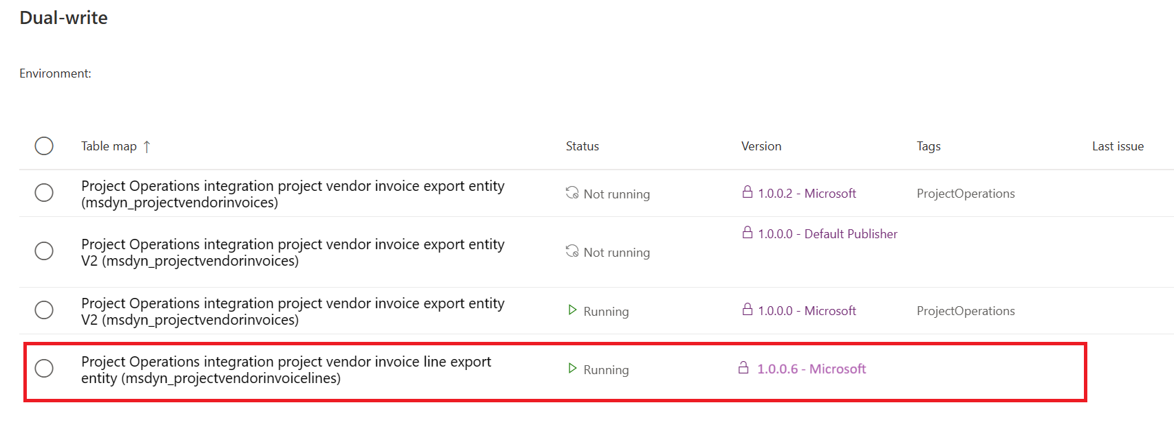 Screenshot of the dual-write entity map with Project Operations integration project vendor invoice line export entity (msdyn_projectvendorinvoicelines) highlighted.