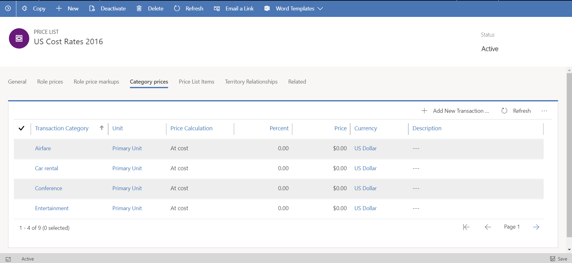 Configuring pricing for expense categories.