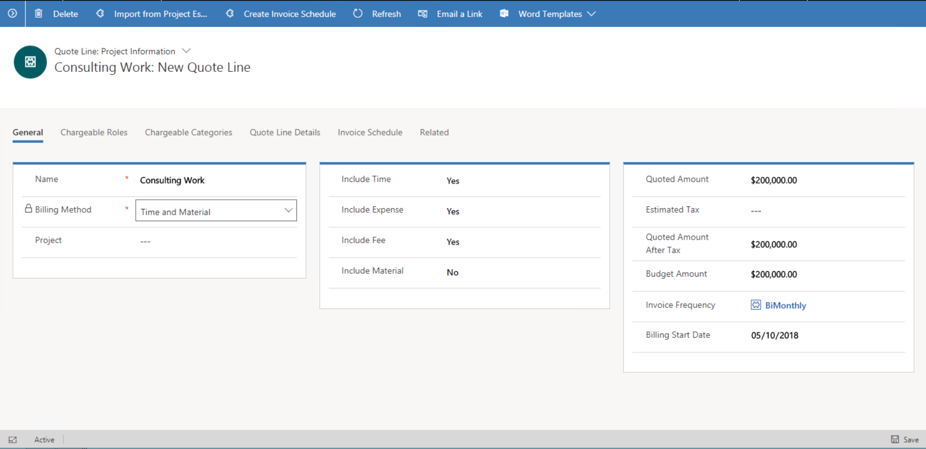 Screenshot of mapping transaction types to quote and contract lines.