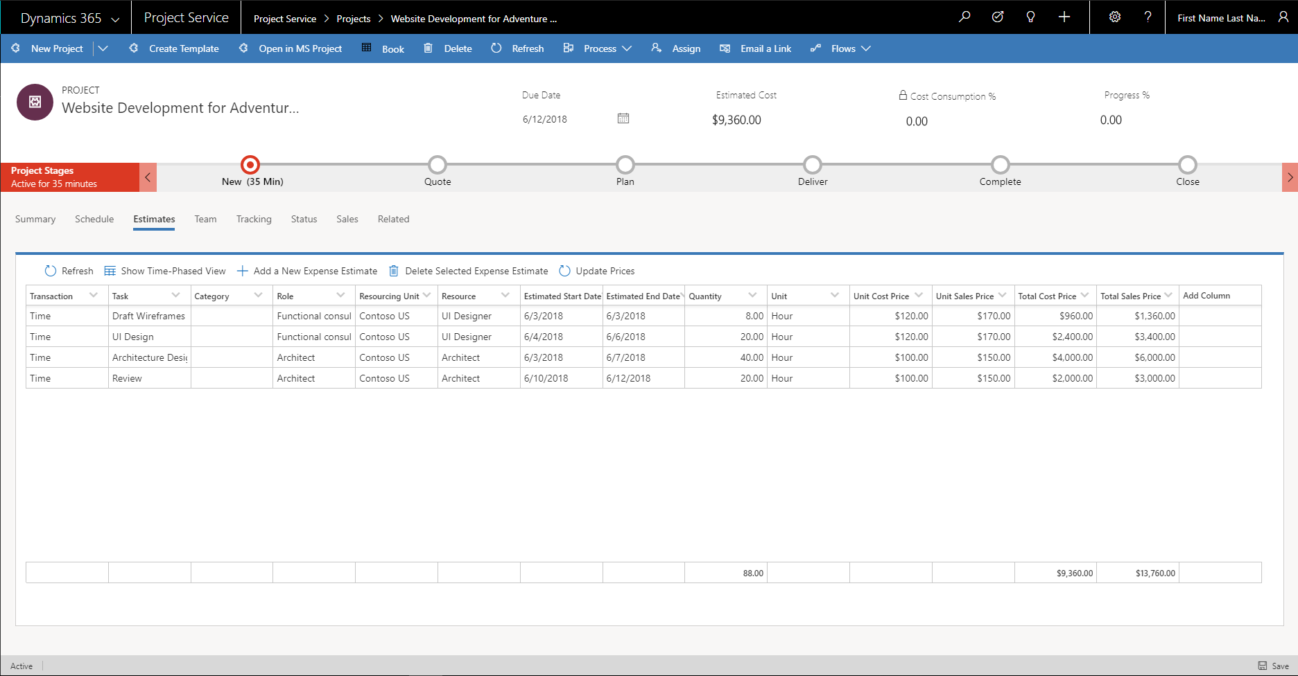 Grid view on the Estimates tab.