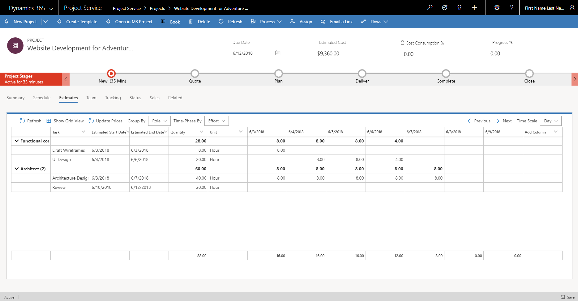 Time-phased view for project estimates.