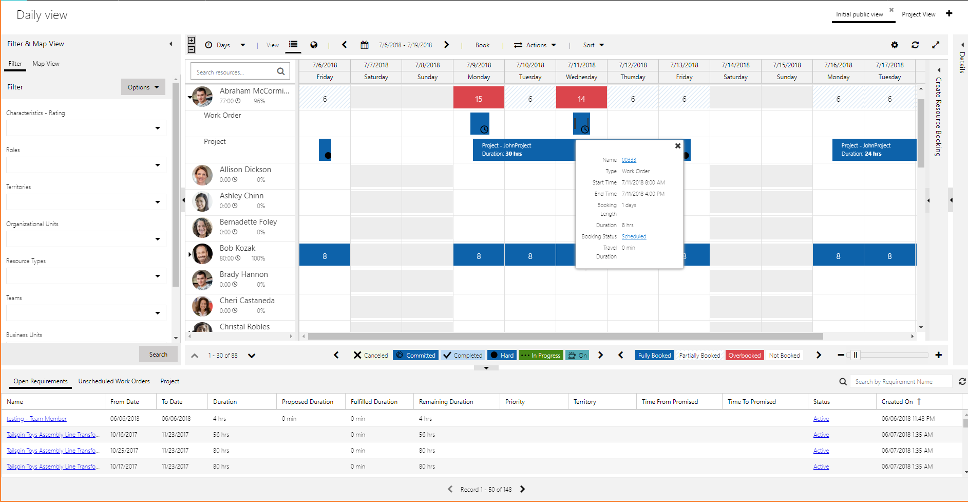 Details of resource bookings for projects and work orders.