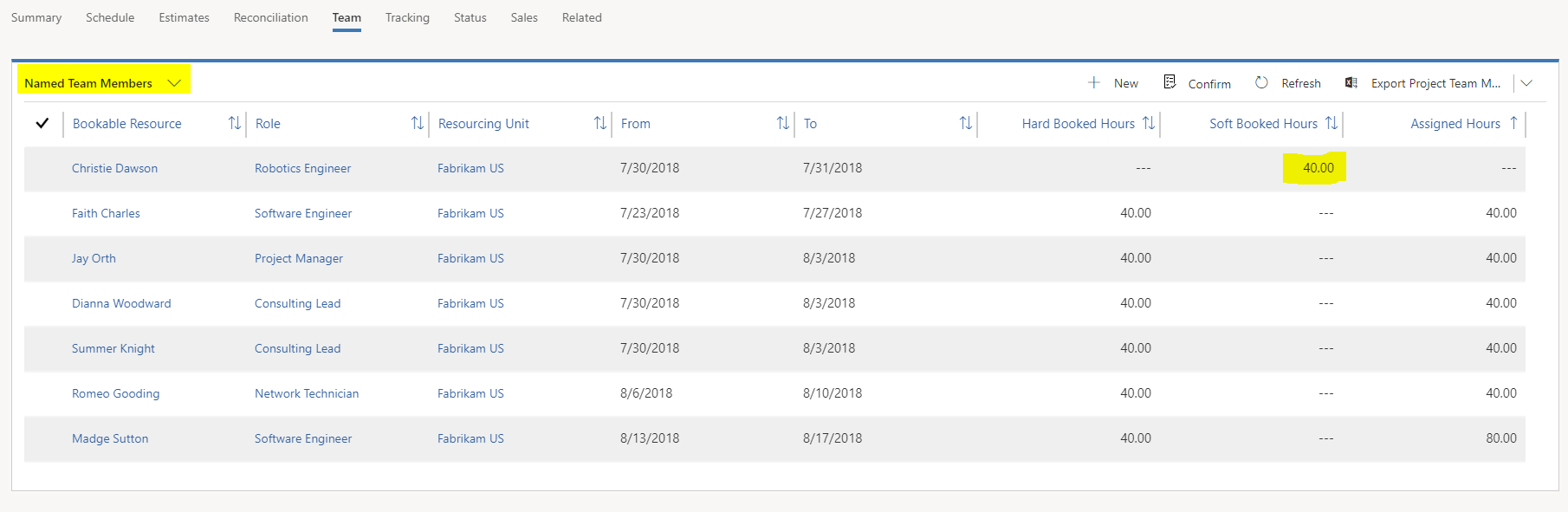 Soft-booked hours in the Named Team Members view.