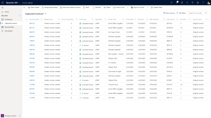 Captured invoices list