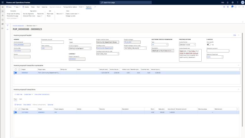 French Chorus Pro invoicing framework attributes in the project invoice proposal