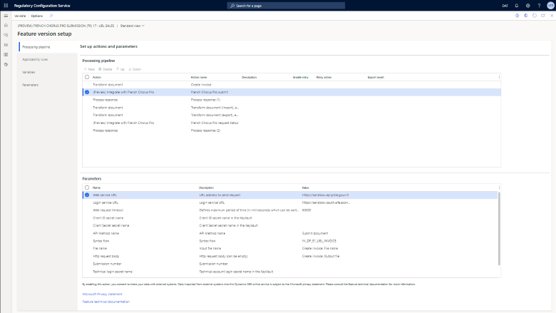 Feature version setup for French Chorus Pro integration in Regulatory configuration service