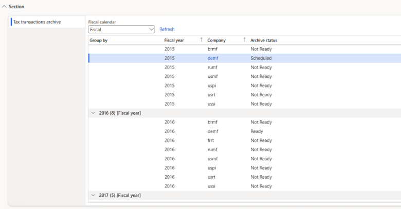 Review fiscal years available for tax transactions archiving