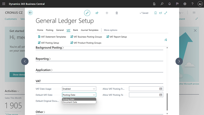 VAT Date on General Ledger Setup - CZ