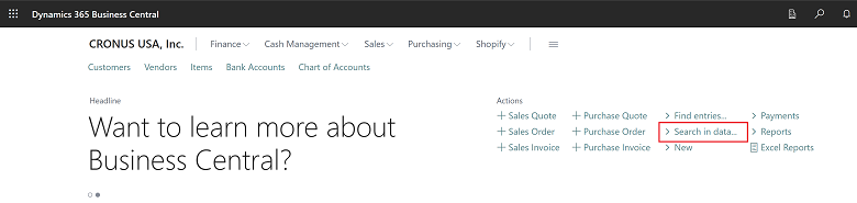 Shows Search in data action on business manager role center