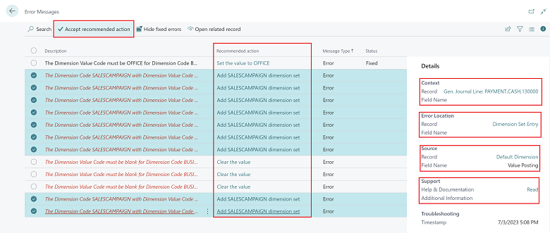 Redesigned error messages page showing recommended actions per error.