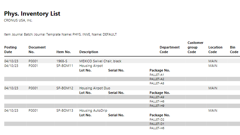 Screenshot of Physical Inventory List